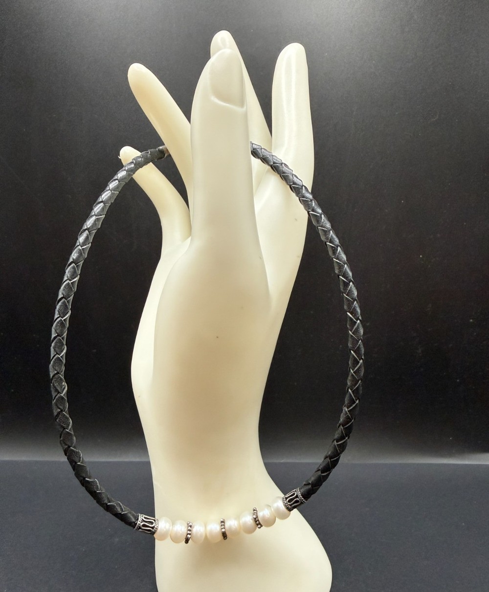 Sterling Silver Braided Black Leather White Pearl Choker 16" Necklace 925 Clasp